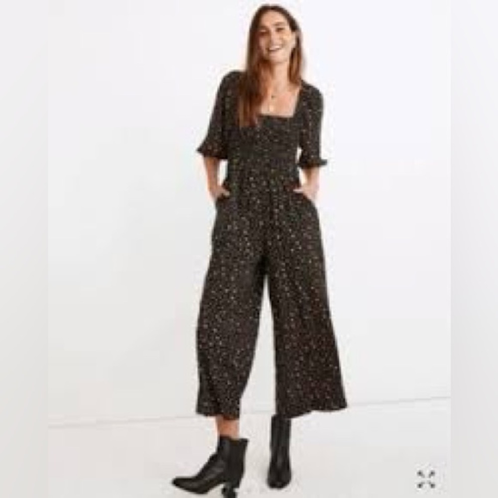 Madewell Black Floral Lucie Elbow Sleeve Smocked Wide Leg Jumpsuit🌻